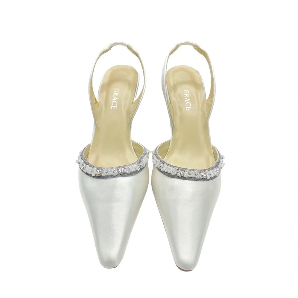 Grace Amare Beaded White Silk Slingbacks - Size 7